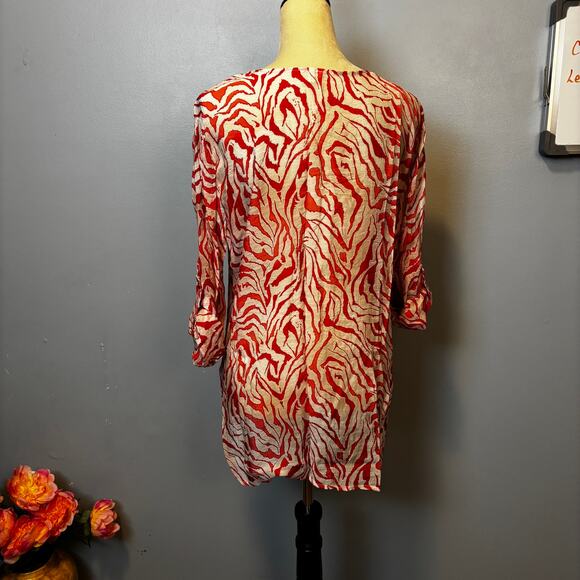 Grand & Greene Coral White Sheer Roll Sleeve Blouse Shell Buttons Tunic Resort L - Picture 2 of 6